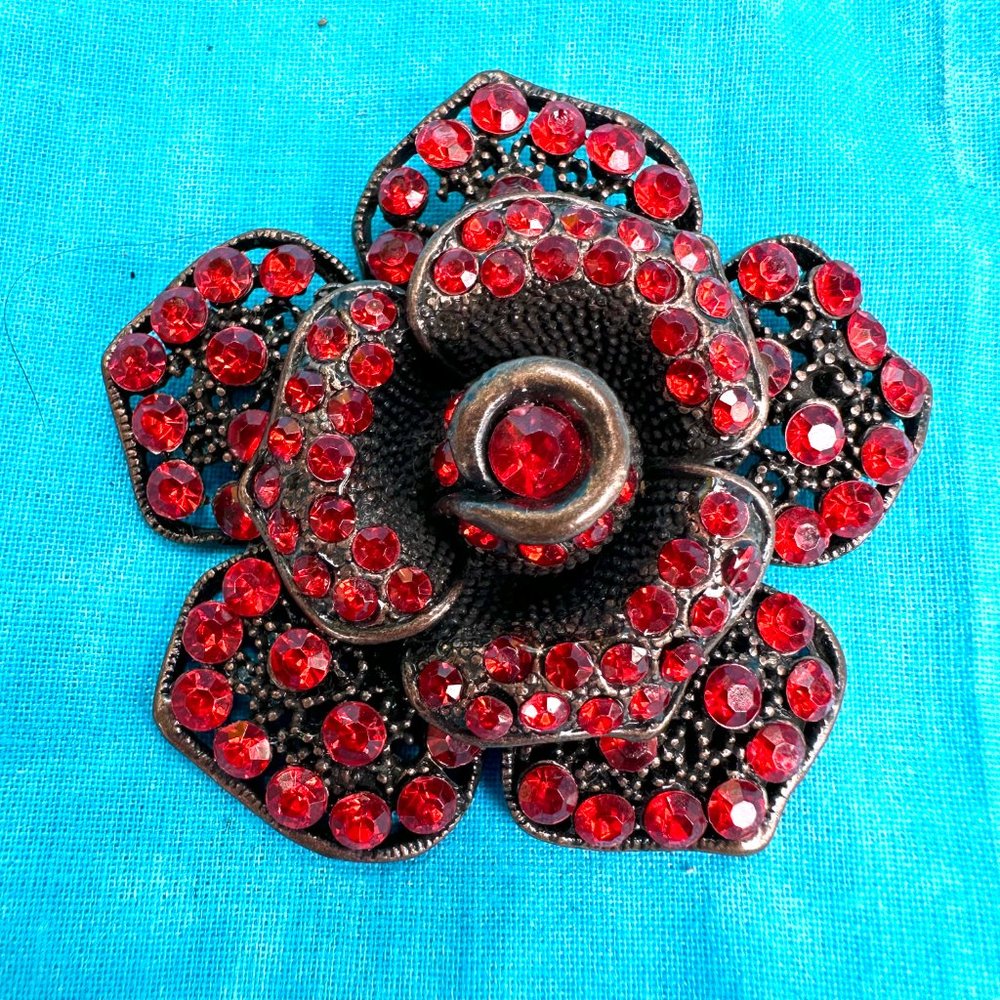 Large Dimensional Siam Red Rhinestone Flower Broo… - image 1
